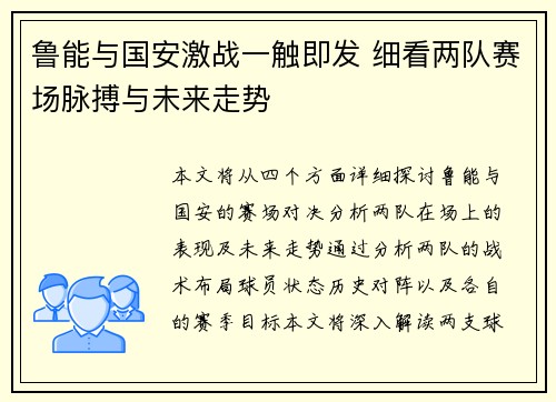 鲁能与国安激战一触即发 细看两队赛场脉搏与未来走势